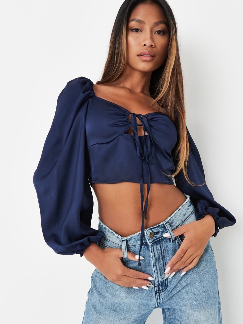 Navy Satin Puff-Sleeve Crop Top